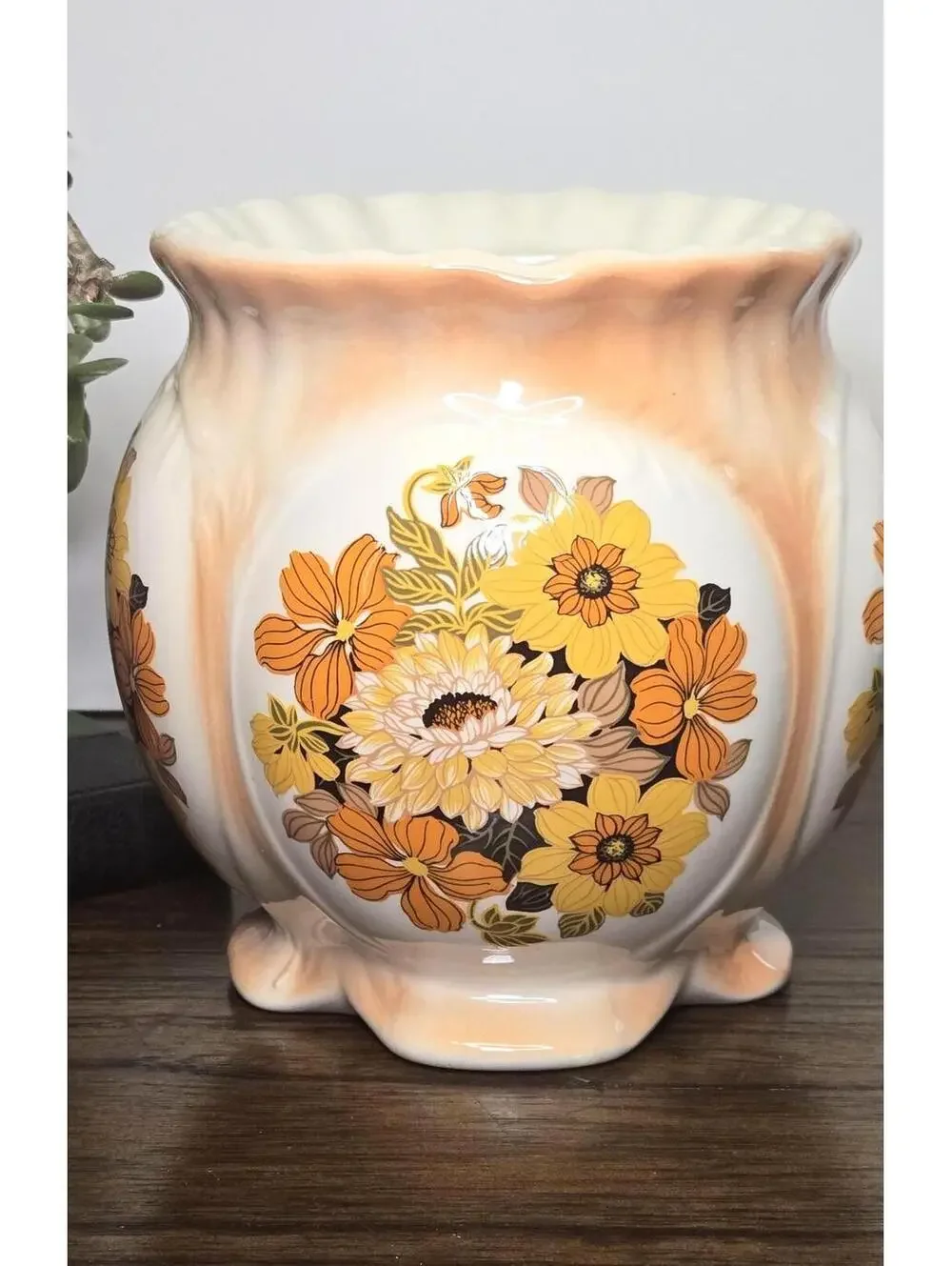 Vintage Handmade Orange and Floral Ceramic Pot Vase